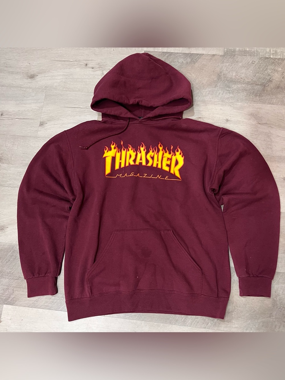 Thrasher Maroon Hoodie with Yellow-Orange Flame Logo